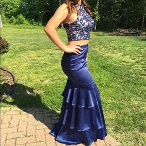Long Two Piece Navy Blue Prom Dress